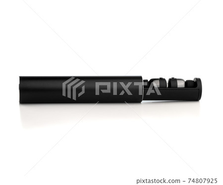 Wireless headphones on a white background. Wireless headset in the charging case close-up. Wireless headphones on a white background. Wireless headset in the charging case close-up. 74807925