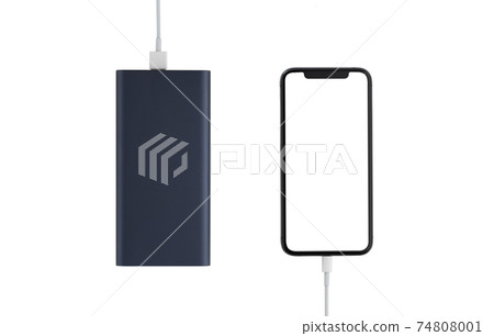 Power bank and smartphone on white background. The smartphone is charging from the power bank. Power bank and smartphone on white background. The smartphone is charging from the power bank. 74808001