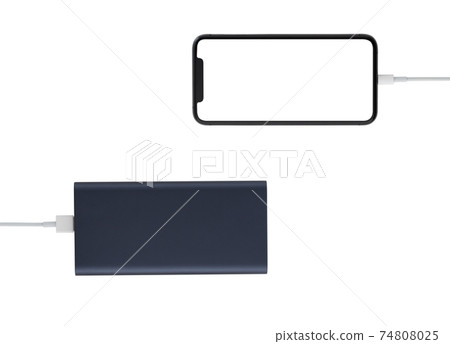 Power bank and smartphone on white background. The smartphone is charging from the power bank. Power bank and smartphone on white background. The smartphone is charging from the power bank. 74808025