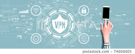 VPN concept with person using smartphone VPN concept with person using smartphone 74808805