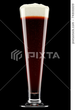 Frosty glass of fresh stout beer with bubble froth isolated on black background. 74808809