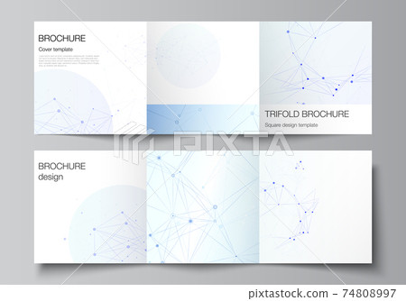 Vector layout of square format covers templates for trifold brochure, flyer, magazine, cover design, book design, brochure cover. Blue medical background with connecting lines and dots, plexus. 74808997
