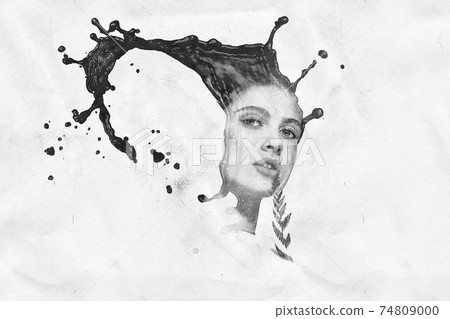 Reflection of a beautiful brunette girl in a water splash on a beige background. Reflection of a beautiful brunette girl in a water splash on a beige background. 74809000