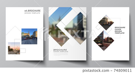 Vector layout of A4 format cover mockups design templates with geometric simple shapes, lines and photo place for brochure, flyer layout, booklet, cover design, book, brochure cover. Vector layout of A4 format cover mockups design templates with geometric simple shapes, lines and photo place for brochure, flyer layout, booklet, cover design, book, brochure cover. 74809011