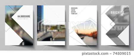 Vector layout of A4 format cover mockups design templates with geometric simple shapes, lines and photo place for brochure, flyer layout, booklet, cover design, book, brochure cover. Vector layout of A4 format cover mockups design templates with geometric simple shapes, lines and photo place for brochure, flyer layout, booklet, cover design, book, brochure cover. 74809015