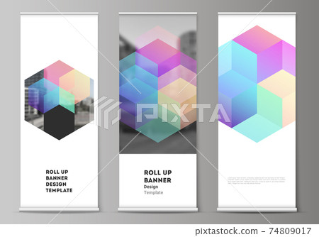 Vector layout of roll up mockup design templates with abstract shapes and colors for vertical flyers, flags design templates, banner stands, advertising design mockups. Vector layout of roll up mockup design templates with abstract shapes and colors for vertical flyers, flags design templates, banner stands, advertising design mockups. 74809017