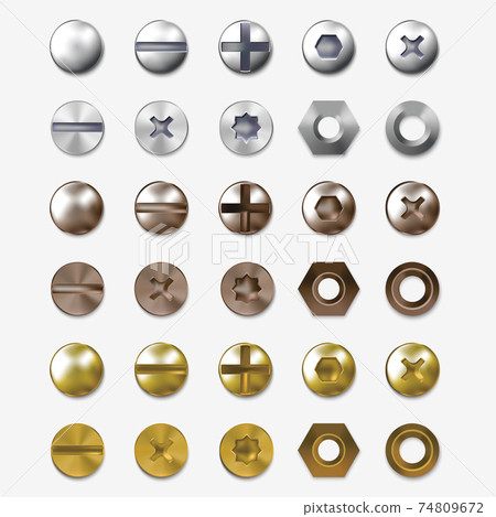 Realistic Detailed 3d Steel or Brass Heads Screws Set. Vector Realistic Detailed 3d Steel or Brass Heads Screws Set. Vector 74809672