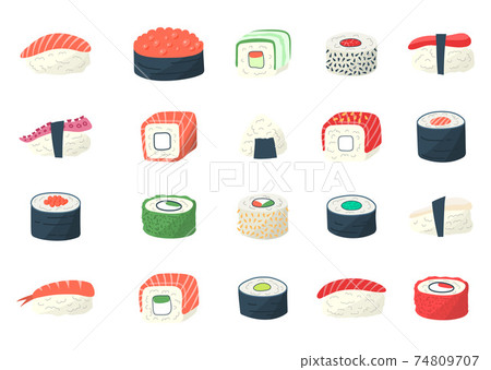 Cartoon Color Sushi Icon Set. Vector Cartoon Color Sushi Icon Set. Vector 74809707