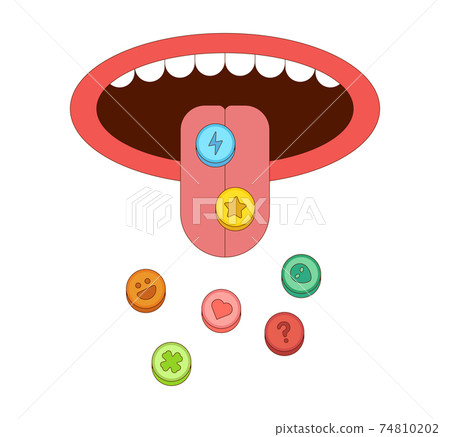 Tongue with ecstasy pills vector illustration in cartoon style. Drug abuse addiction concept 74810202