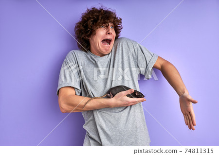 curious gray rat crawling on a man's arm 74811315