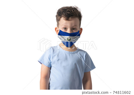 Respirator with flag of El Salvador. White boy puts on medical face mask isolated on white background Respirator with flag of El Salvador. White boy puts on medical face mask isolated on white background 74811602