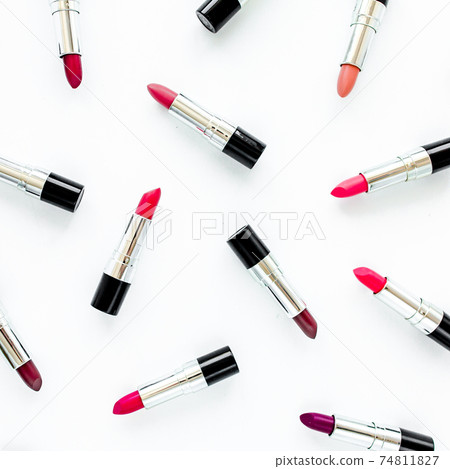 Set of color lipsticks on white background. Professional decorative cosmetics, product pomade for advertising. beauty, fashion. flat lay, top view Set of color lipsticks on white background. Professional decorative cosmetics, product pomade for advertising. beauty, fashion. flat lay, top view 74811827