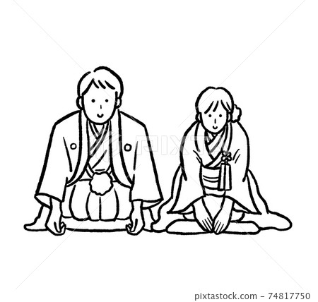 Illustration of a bride and groom in a kimono wedding line art 74817750