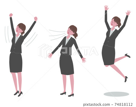 A woman in a black suit who takes a deep breath, stretches, and jumps A woman in a black suit who takes a deep breath, stretches, and jumps 74818112