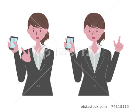 A woman in a black suit with a smartphone A woman in a black suit with a smartphone 74818113