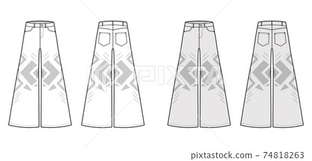 Phat Pants Denim Jeans technical fashion illustration with full length, low waist, rise, 5 pockets, wide legs belt loops Phat Pants Denim Jeans technical fashion illustration with full length, low waist, rise, 5 pockets, wide legs belt loops 74818263