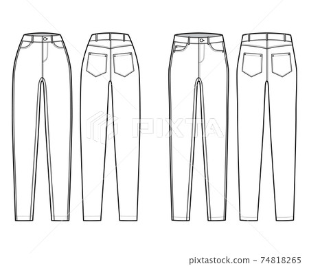Set of Jeans tapered Denim pants technical fashion illustration with full length, normal low waist, high rise, 5 pockets Set of Jeans tapered Denim pants technical fashion illustration with full length, normal low waist, high rise, 5 pockets 74818265