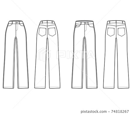 Set of Straight Jeans Denim pants technical fashion illustration with full length, normal low waist, high rise, 5 pocket Set of Straight Jeans Denim pants technical fashion illustration with full length, normal low waist, high rise, 5 pocket 74818267