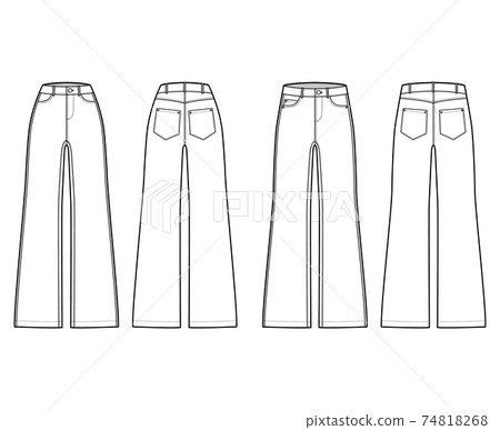 Set of Jeans wide leg Denim pants technical fashion illustration with full length, normal waist, 5 pockets, belt loops. Set of Jeans wide leg Denim pants technical fashion illustration with full length, normal waist, 5 pockets, belt loops. 74818268