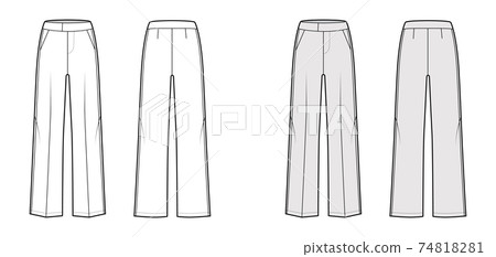 Pants tuxedo technical fashion illustration with extended low waist, rise, full length, slant pockets, side satin stripe Pants tuxedo technical fashion illustration with extended low waist, rise, full length, slant pockets, side satin stripe 74818281