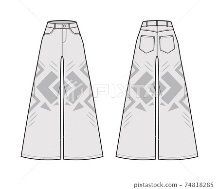 Phat Pants Denim Jeans technical fashion illustration with full length, normal waist, high rise, 5 pockets, Rivets 74818285