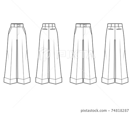 Set of Pants oxford tailored technical fashion illustration with normal low waist, high rise, full length, jetted pocket 74818287