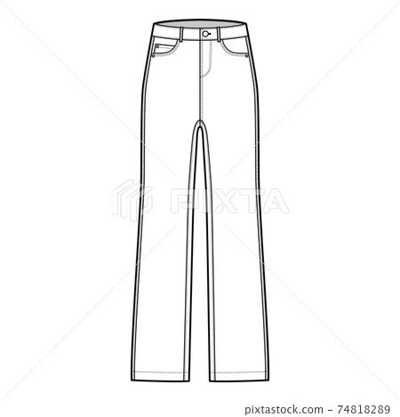 Jeans Denim pants technical fashion illustration with full length, low waist, rise, 5 pockets, Rivets, belt loops. Flat  74818289