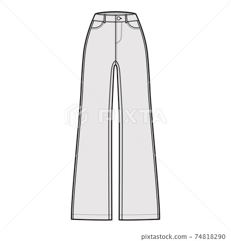 Jeans wide leg Denim pants technical fashion illustration with full length, normal waist, high rise, 5 pockets, Rivets 74818290