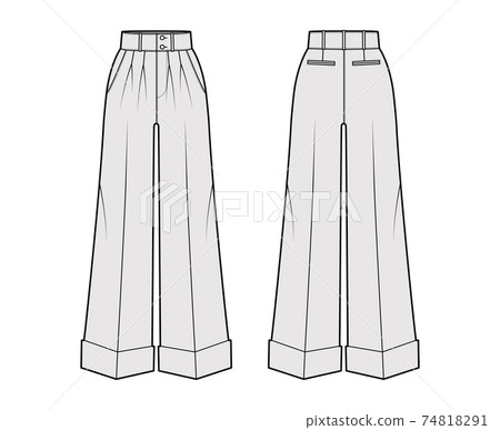 Pants oxford tailored technical fashion illustration with normal low waist, rise, full length, double pleat, pockets.  74818291