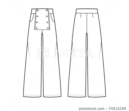 Set of Pants sailor technical fashion illustration with low waist, rise, full length, pockets, front buttons. trousers 74818299