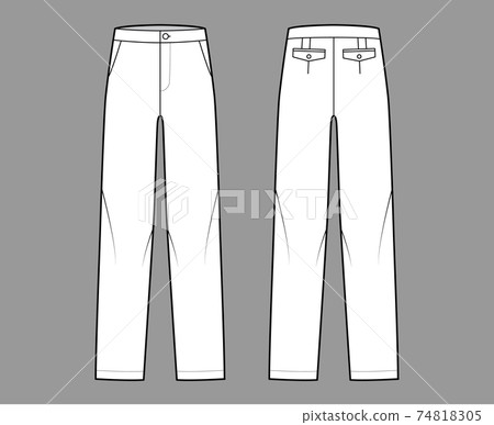 Pants straight silhouette technical fashion illustration with flat front, low waist, rise, full length, slant pockets 74818305