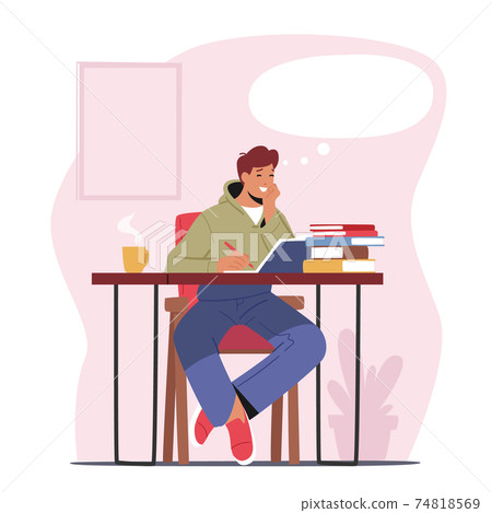 Happy Male Character Dreaming Sit in Thoughtful Pose at Working Desk with Books Pile and Steaming Coffee Cup 74818569
