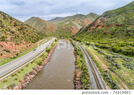 Colorado River and highway aerial view Colorado River and highway aerial view 74819861