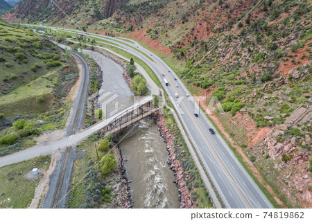 Colorado River and highway aerial view Colorado River and highway aerial view 74819862