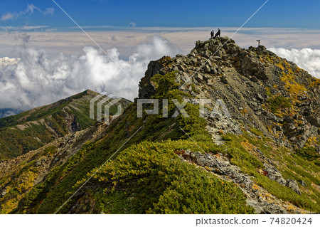 East peak seen from the west peak of Mt. Shiomi in the Southern Alps in early autumn 74820424