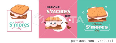 Set of cards for National Smores Day with marshmallow flat vector illustration. 74820541