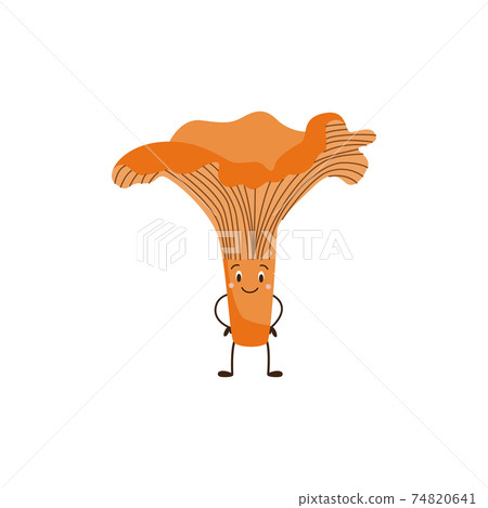 Chanterelle mushroom with funny smiling face, flat vector illustration isolated. 74820641