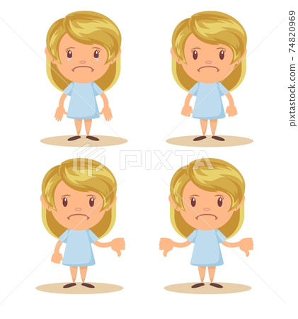 Little girl show disagreement with thumb down gesture. Small discontented school girl. Child shows gesture disapproval, dislike, discontent. 74820969