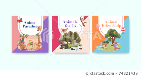 Advertise template with happy animals concept design watercolor illustration Advertise template with happy animals concept design watercolor illustration 74821439