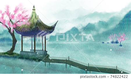 Chinese architecture antique scene four seasons summer rain 74822422