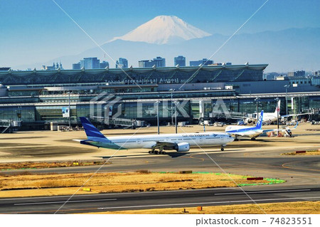 Airport scenery: Taxiing airplane and Mt. Fuji, Ota-ku, Tokyo 74823551