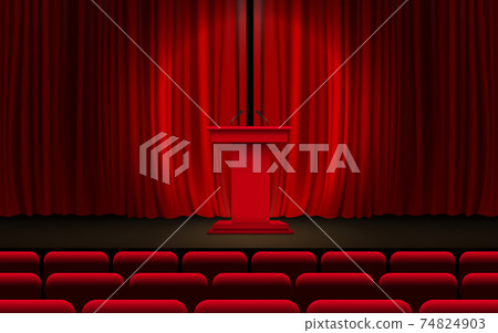 red announcement podium and red curtain on the stage 74824903