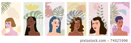 Set Woman portraites minimal abstract contemporary style. Female faces flora leaves shapes vase silhouette background trendy modern art concept. Poster vector template social media stories, print 74825996