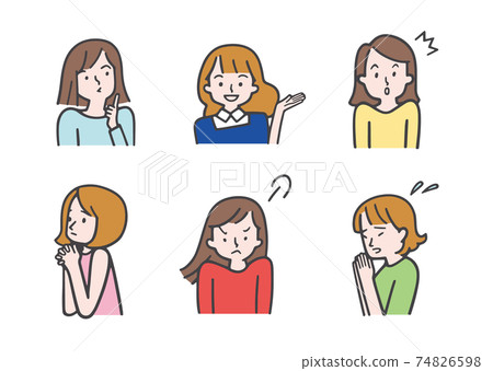 Female illustrations with various facial expressions and poses 74826598