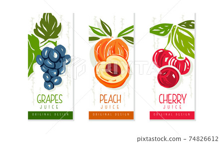 Fresh Fruit Juice Labels Set, Grapes, Peach, Cherry Juice Emblems, Packaging Design Templates Cartoon Style Vector Illustration 74826612