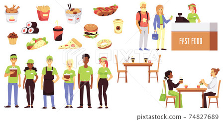 Set of fast food cafe symbols and characters flat vector illustration isolated. 74827689