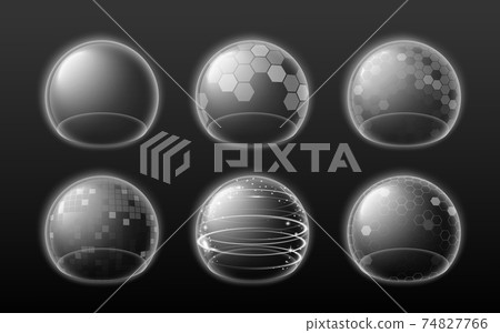 Set of bubble shields, force fields or energy glowing transparent spheres. Set of bubble shields, force fields or energy glowing transparent spheres. 74827766