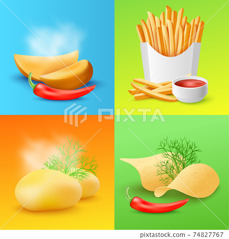 Cards with various fried and cooked potato realistic vector illustration. Cards with various fried and cooked potato realistic vector illustration. 74827767