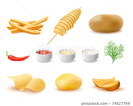 Set of fried potato with sauces, realistic vector illustration isolated. Set of fried potato with sauces, realistic vector illustration isolated. 74827769