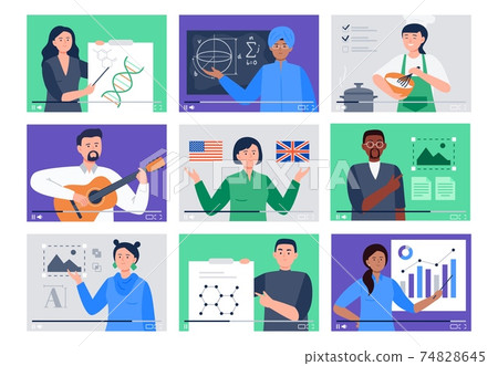 Set of Different People on Internet Videos. Online Education, E-learning, Studying at Home. Vector Flat Illustration. Set of Different People on Internet Videos. Online Education, E-learning, Studying at Home. Vector Flat Illustration. 74828645